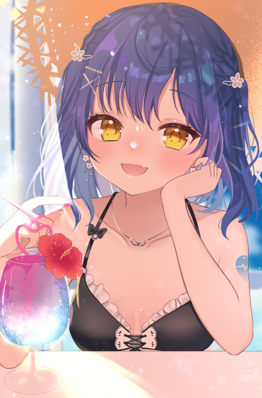 1girl absurdres ahoge amamiya_kokoro amamiya_kokoro_(7th_costume) bikini black_bikini blue_hair breasts collarbone cup drink drinking_straw fang flower frills hair_flower hair_ornament hairclip hand_to_own_face hat highres holding holding_drinking_straw jewelry light_blush looking_at_viewer medium_hair necklace nijisanji oguraponti open_mouth skin_fang small_breasts smile solo straw_hat sun_hat swimsuit virtual_youtuber x_hair_ornament yellow_eyes