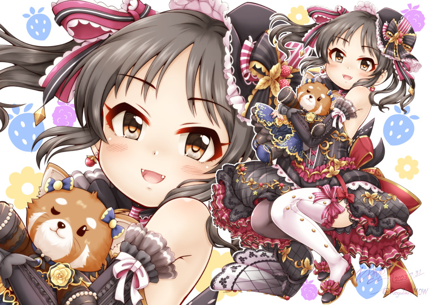 1girl :d bare_shoulders black_dress black_footwear black_hair black_headwear blush bow brown_eyes commentary_request dated dress earrings fangs floral_background frilled_dress frills hat hat_bow highres idolmaster idolmaster_cinderella_girls idolmaster_cinderella_girls_starlight_stage jewelry long_hair looking_at_viewer object_hug red_bow regular_mow shoes signature smile solo striped striped_bow stuffed_animal stuffed_toy tachibana_arisu thighhighs tilted_headwear twintails twitter_username white_background white_thighhighs zoom_layer