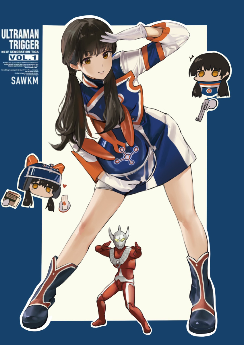 1boy 1girl boots brown_eyes brown_hair chibi darrgon dress fighting_stance gun handgun headwear_removed heart helmet helmet_removed highres holding holding_gun holding_weapon leaning_forward long_hair long_sleeves looking_at_viewer salute sawkm smile standing twintails ultraman_trigger_(series) weapon