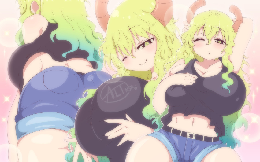 absurd_res altnsfw animal_humanoid belt big_breasts big_butt black_eyes blush bottomwear breasts butt clothing dragon dragon_humanoid female hair hand_behind_head hi_res horn horned_humanoid huge_breasts humanoid midriff miss_kobayashi's_dragon_maid multicolored_hair one_eye_closed pupils quetzalcoatl_(dragon_maid) shirt shorts smile solo tank_top thick_thighs topwear two_tone_hair white_body white_skin yellow_pupils