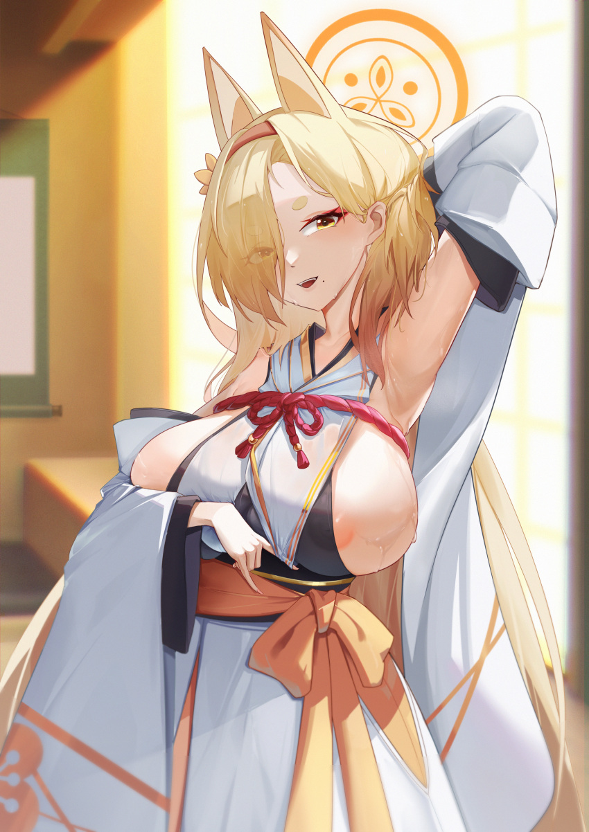 1girl absurdres animal_ears armpits bare_shoulders blonde_hair blue_archive blush breasts detached_sleeves fox_ears hair_over_one_eye hairband halo highres japanese_clothes joker0744g kaho_(blue_archive) kimono large_breasts long_hair looking_at_viewer mole mole_under_mouth nipples see-through solo sweat thick_eyebrows wide_sleeves yellow_eyes