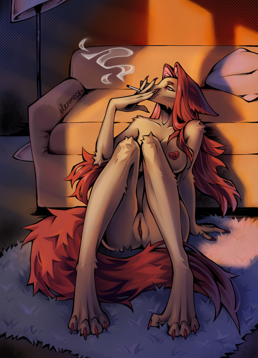 absurd_res anthro bedroom breasts canid canine cigarette elenmory female fox genitals hair heart_nipples hi_res hybrid long_hair mammal nipples nude paws pussy red_hair smoke smoking solo succubus sunrise