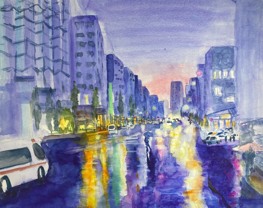 apartment building bus car city highres light motor_vehicle original painting_(medium) reflective_floor road sakaue111 street traditional_media watercolor_(medium)