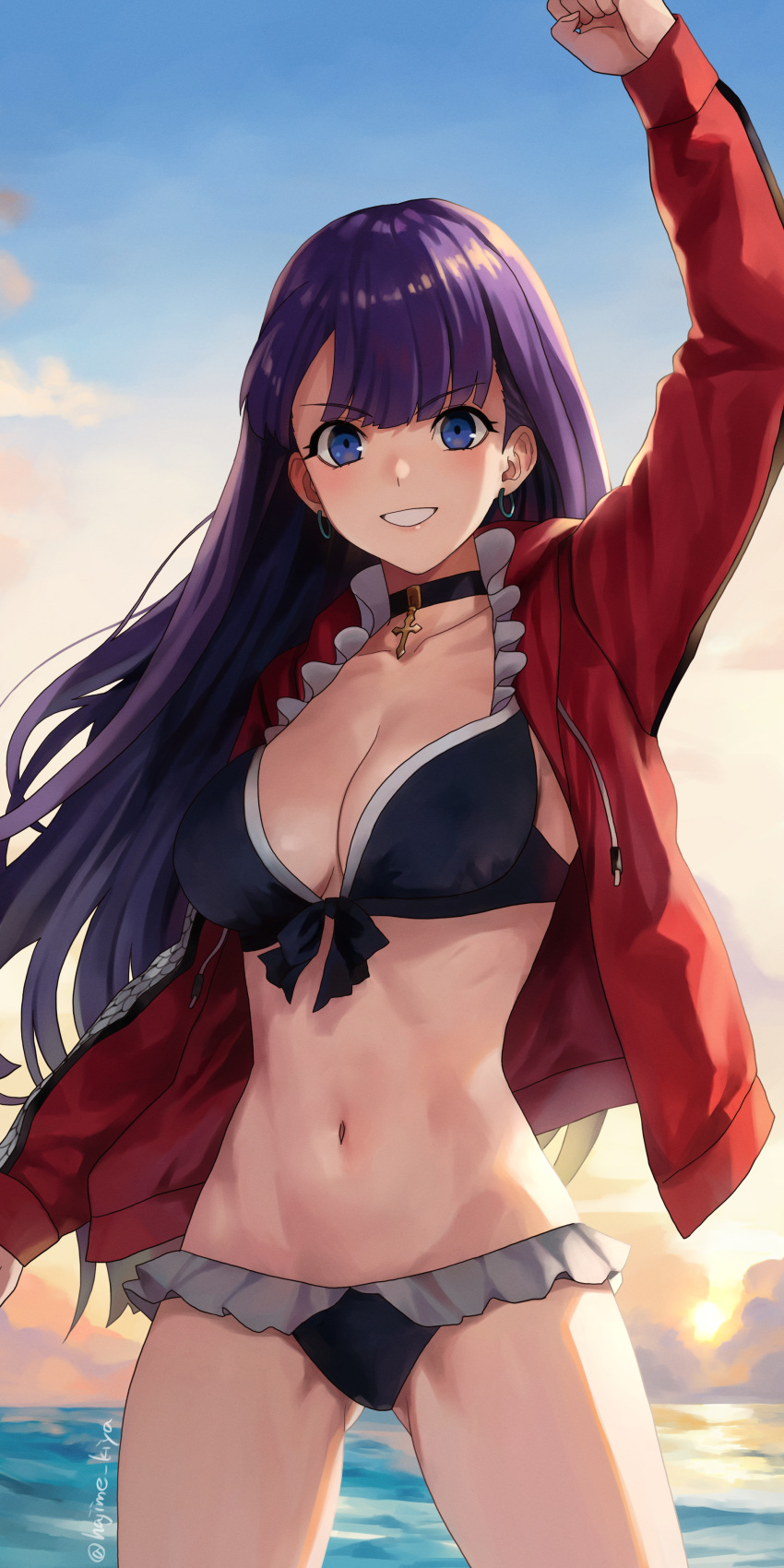 1girl absurdres arm_up beach bikini black_bikini blue_eyes blue_sky breasts choker cleavage collarbone cross cross_choker fate/grand_order fate_(series) gradient_sky grin highres jacket kiya_hajime large_breasts long_hair long_sleeves looking_at_viewer martha_(fate) martha_(swimsuit_ruler)_(fate) martha_(swimsuit_ruler)_(second_ascension)_(fate) navel open_clothes open_jacket orange_sky purple_hair red_jacket sky smile solo sunset swimsuit thighs twilight