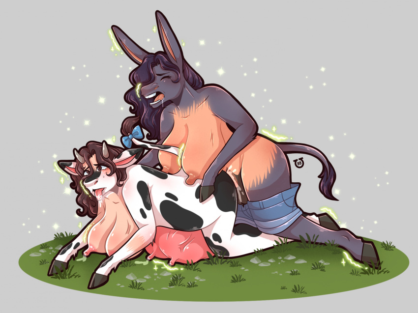 accessory balls big_breasts bottomwear bovid bovine breasts breasts_and_teats brown_hair cattle clothing digital_media_(artwork) duo equid equine female from_behind_position furgonomics genitals grass gynomorph gynomorph/female hair herradur88 hi_res holstein_friesian_cattle hooves horn human hybrid intersex intersex/female mammal mule nipples plant ribbons sex shorts smile species_transformation tail tail_accessory tail_ribbon teats tongue tongue_out transformation udders