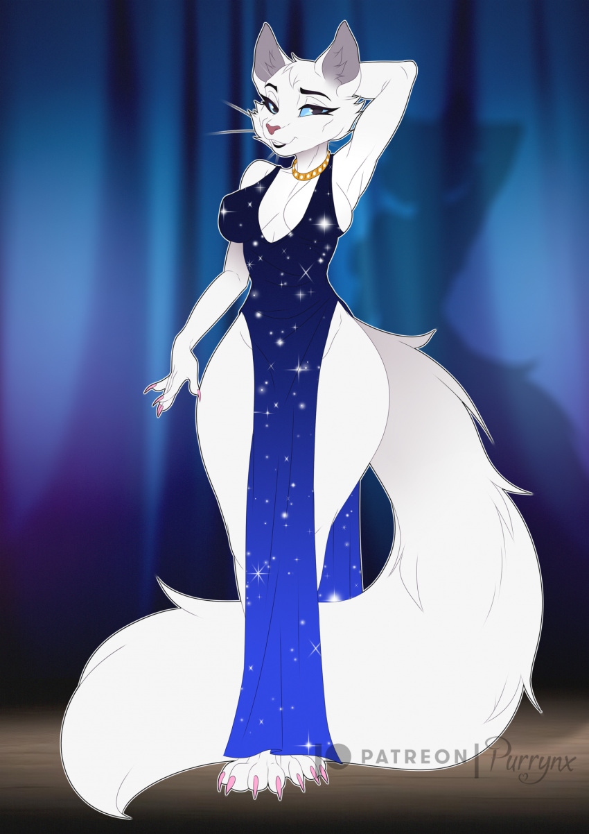 accessory anthro blue_clothing breasts claws clothing collar disney dress duchess_(aristocats) felid feline female fur hi_res long_tail mammal purrynx seductive solo standing tail the_aristocats white_body white_breasts white_fur