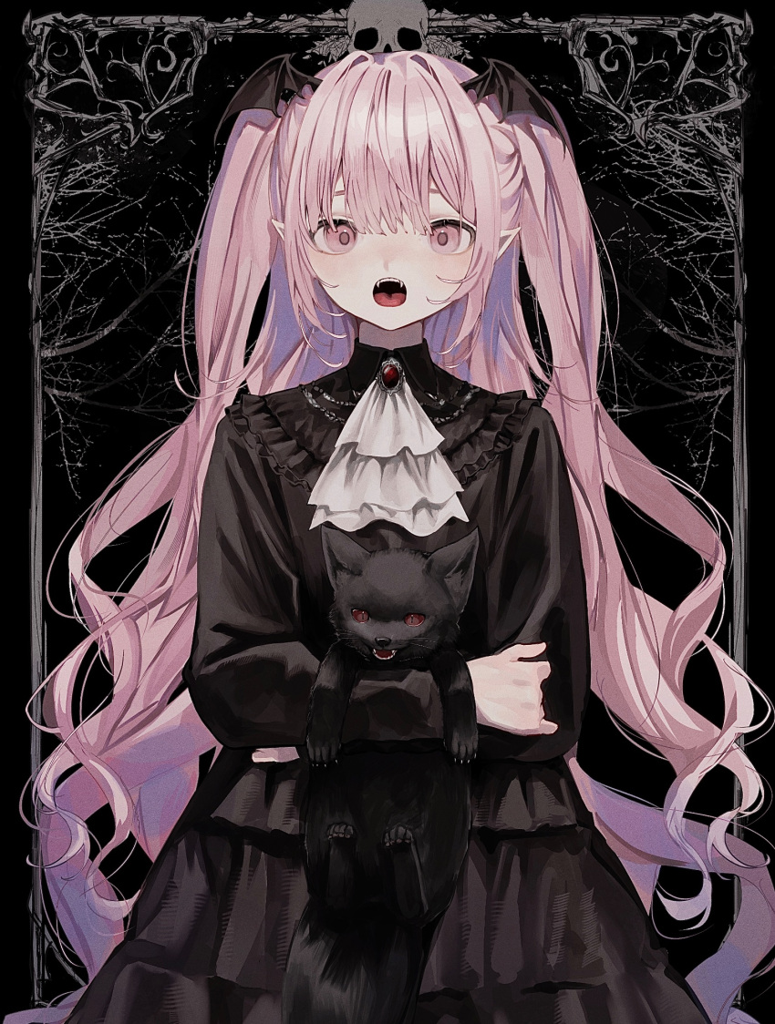 1girl animal ascot bat_wings black_cat black_dress black_wings brooch cat collared_dress demon_girl dress fangs gem hair_intakes head_wings highres holding holding_animal holding_cat jewelry long_hair long_sleeves open_mouth original pink_eyes pink_hair pointy_ears red_gemstone shou_(mori_boro) skull solo standing straight-on teeth two_side_up upper_teeth_only very_long_hair white_ascot wings