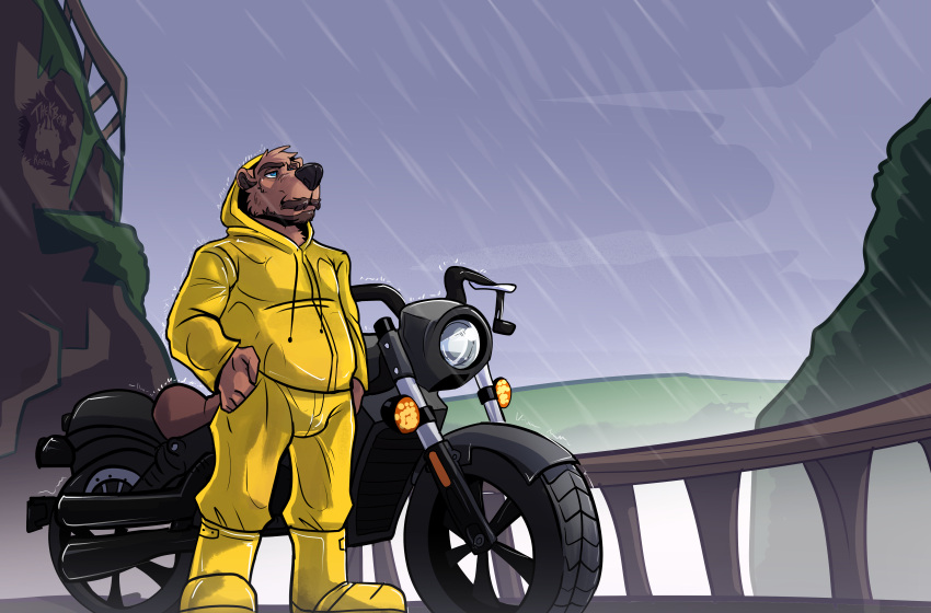 absurd_res anthro clothing coat hi_res male male_anthro motorcycle outside raincoat raining solo solo_focus thekinkybear topwear vehicle