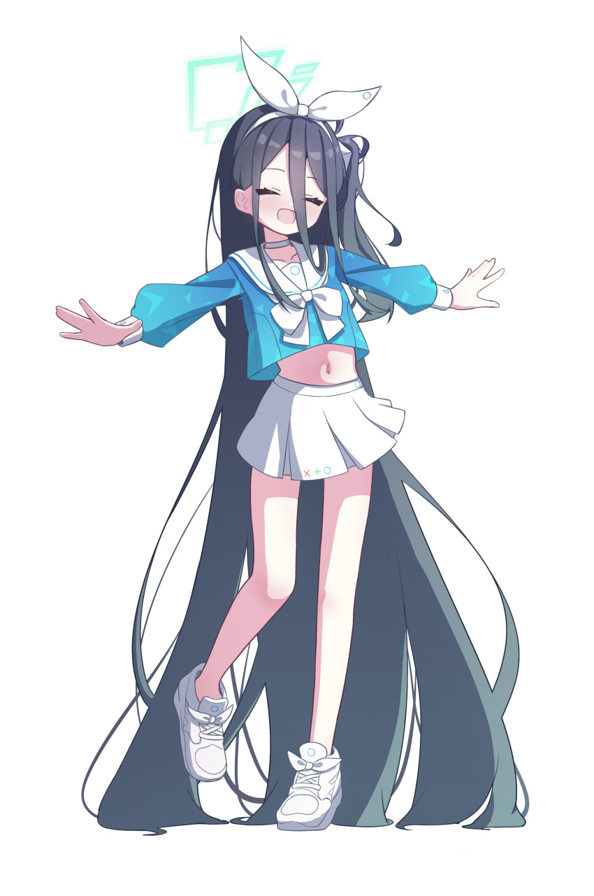 1girl 525_woiwo absurdly_long_hair absurdres aris_(blue_archive) arona_(blue_archive) arona_(blue_archive)_(cosplay) black_hair blue_archive choker closed_eyes cosplay full_body green_halo halo highres long_hair long_sleeves navel one_side_up open_mouth outstretched_arms pleated_skirt sailor_collar shoes simple_background skirt smile solo spread_arms very_long_hair white_background white_choker white_footwear white_sailor_collar white_skirt