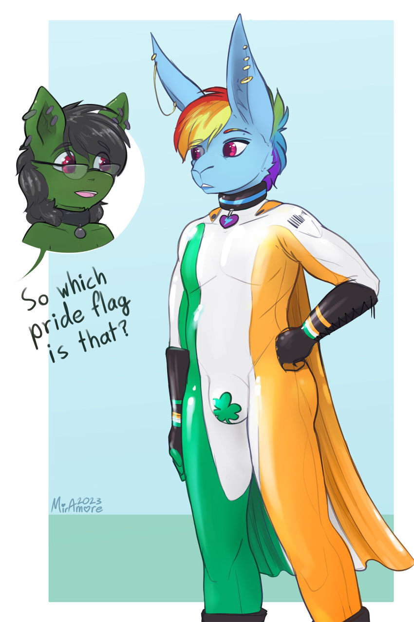absurd_res ambiguous_gender anthro blue_body blue_feathers blue_fur bulge clipped_wings_(oc) clothing collar digital_media_(artwork) equid equine eyewear fan_character feathers friendship_is_magic fur hair hasbro hi_res irish_flag lagomorph leporid male mammal meme miramore multicolored_hair my_little_pony null_bulge piercing rabbit rainbow_dash_(mlp) rainbow_hair rubber rubber_clothing rubber_suit simple_background smile solo tight_clothing