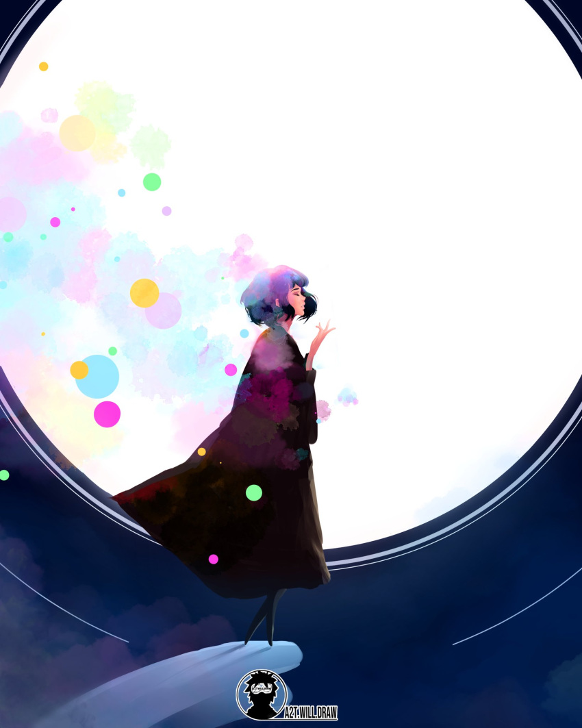 1girl a2t_will_draw artist_name black_dress black_hair closed_eyes commentary dress english_commentary from_side full_body full_moon gris gris_(character) highres long_dress moon music no_feet short_hair singing solo watermark