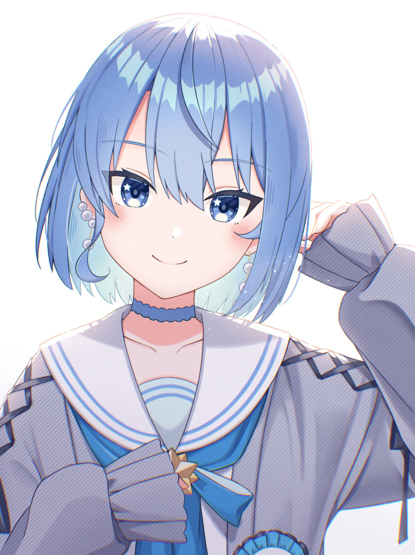 1girl apple_(zdj0266) aran_sweater blue_bow blue_bowtie blue_choker blue_eyes blue_hair blush bow bowtie cable_knit cardigan choker closed_mouth colored_inner_hair double-parted_bangs earrings grey_cardigan hair_between_eyes hand_up highres hololive hoshimachi_suisei hoshimachi_suisei_(4th_costume) jewelry looking_at_viewer multicolored_hair official_alternate_costume official_alternate_hair_length official_alternate_hairstyle pearl_earrings sailor_collar school_uniform serafuku shirt short_hair simple_background sleeves_past_fingers sleeves_past_wrists smile solo star_(symbol) star_in_eye sweater symbol_in_eye unmoving_pattern upper_body virtual_youtuber white_background white_sailor_collar white_serafuku white_shirt