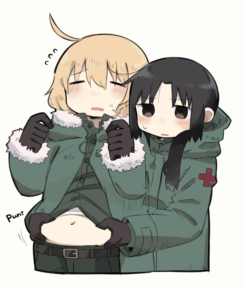 2girls ahoge belly belt black_gloves black_hair blonde_hair blush chito_(shoujo_shuumatsu_ryokou) closed_eyes coat couple cowboy_shot flying_sweatdrops gloves green_coat green_pants hair_between_eyes highres jitome midriff military_uniform multiple_girls navel pants pinching shoujo_shuumatsu_ryokou sound_effects sweatdrop uniform white_background yoyohachi yuuri_(shoujo_shuumatsu_ryokou)