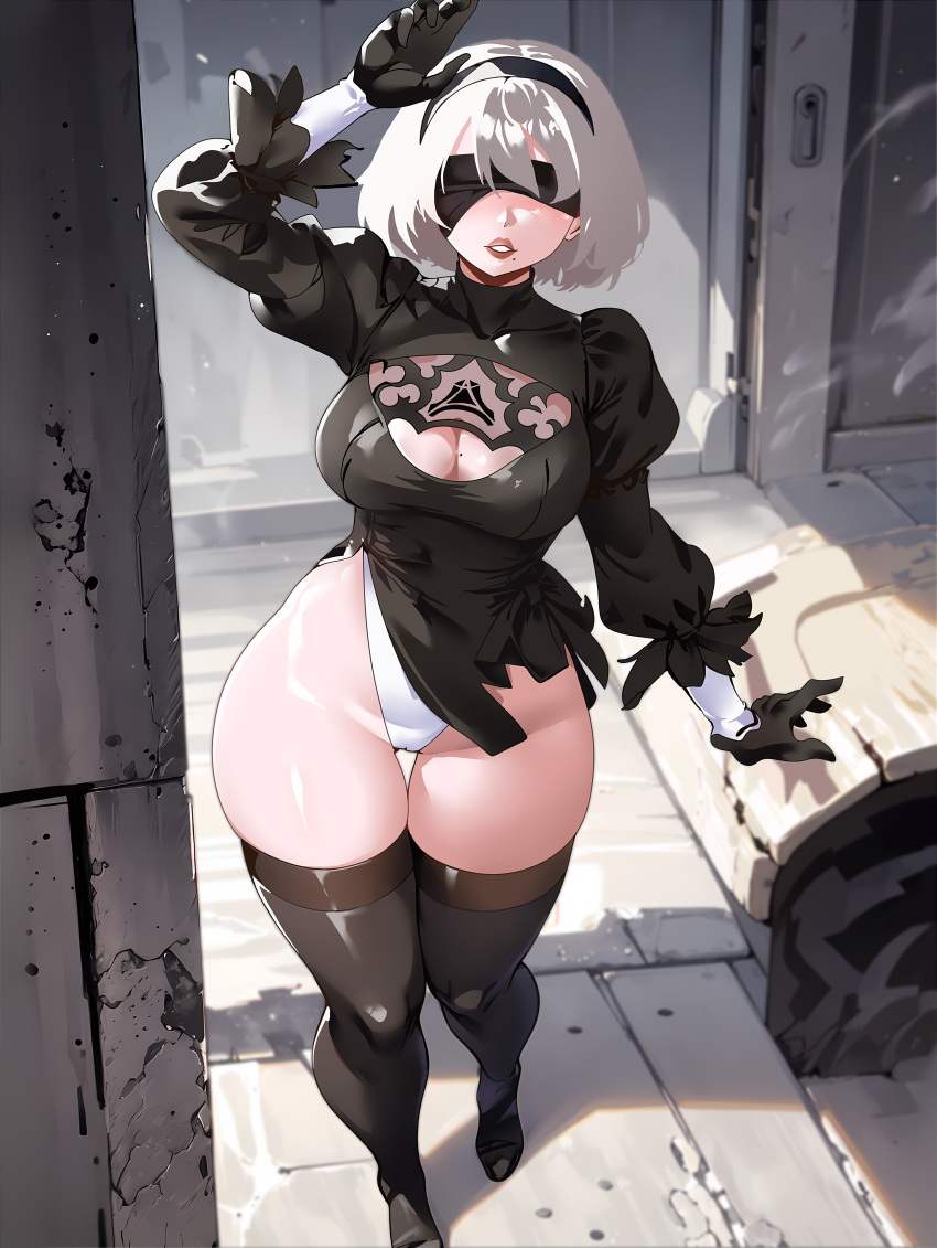1girl absurdres black_blindfold black_dress black_gloves blindfold breasts cleavage cleavage_cutout clothing_cutout covered_eyes dress feather-trimmed_sleeves feather_trim gloves highres large_breasts lastofrabbit leotard leotard_under_clothes mole mole_on_breast mole_under_mouth nier:automata nier_(series) non-web_source self-upload smile solo thighhighs white_leotard yorha_no._2_type_b
