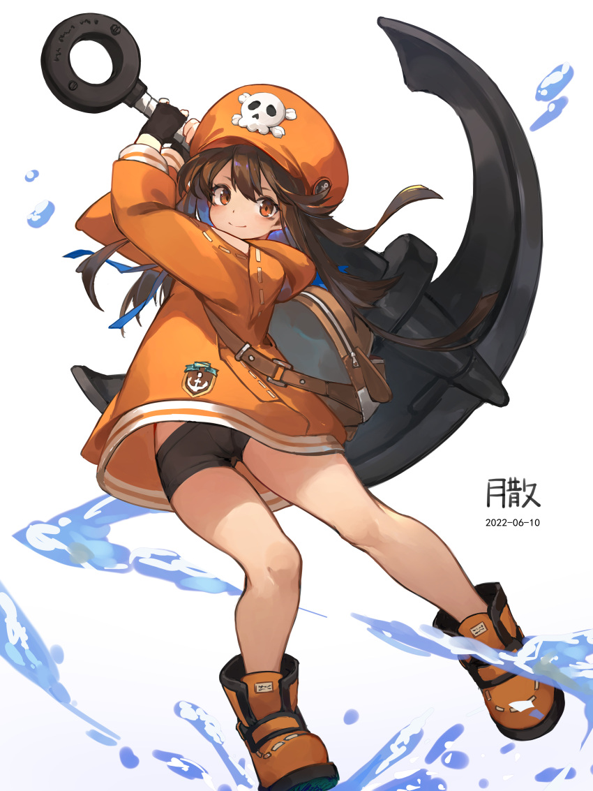 1girl absurdres anchor backpack bag black_gloves black_shorts boots brown_hair closed_mouth dated fingerless_gloves full_body gloves guilty_gear guilty_gear_strive hat highres holding holding_anchor hood hood_down hoodie long_hair long_sleeves looking_at_viewer may_(guilty_gear) orange_eyes orange_footwear orange_headwear orange_hoodie short_shorts shorts simple_background skull_and_crossbones smile solo tsukibara water white_background