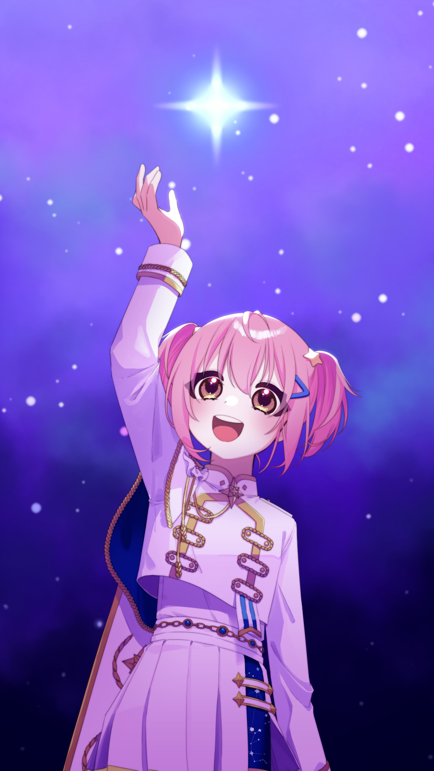 039nagyo 1girl absurdres blue_cape brown_eyes cape commentary hair_ornament highres long_sleeves ootori_kokona open_mouth pink_hair pleated_skirt purple_sky short_hair short_twintails skirt sky smile solo star_(sky) star_(symbol) star_hair_ornament starry_sky twintails white_skirt world_dai_star