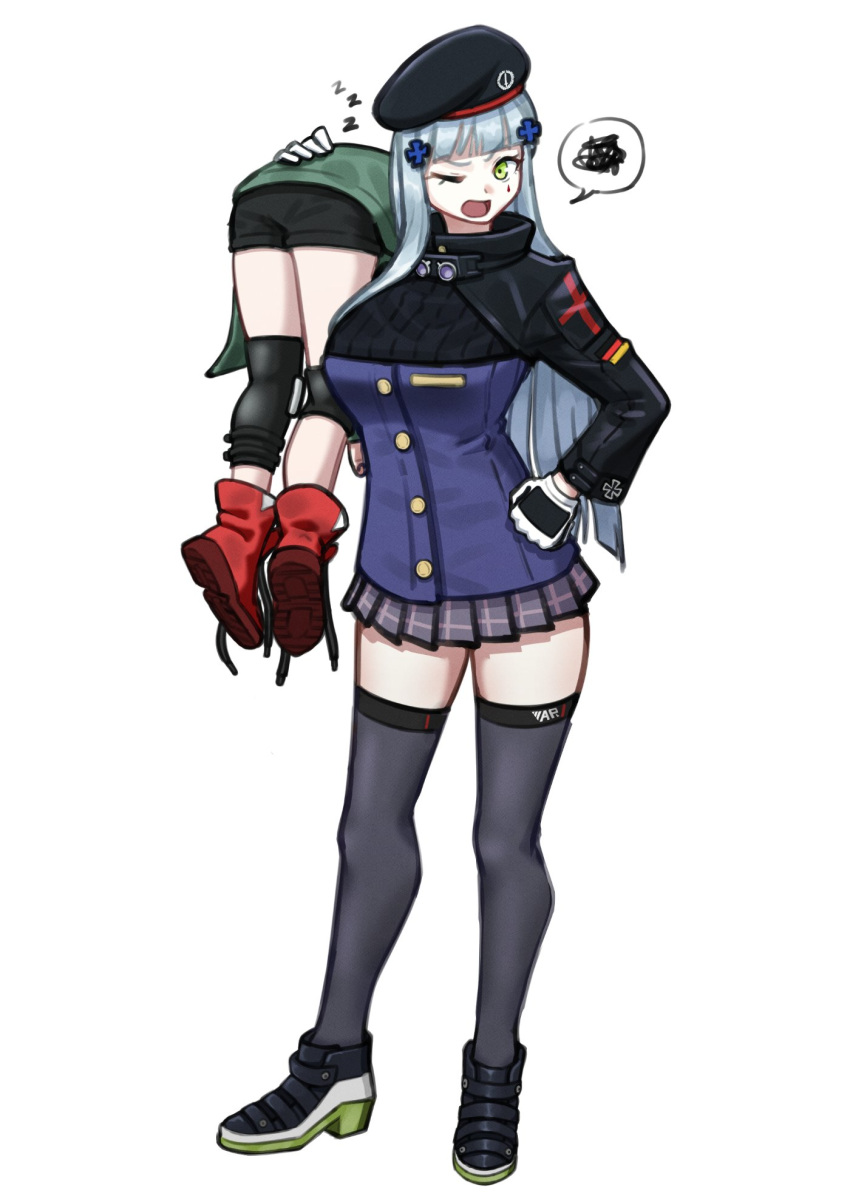 2girls 416_day arm_up beret black_footwear black_headwear black_shorts blue_jacket carrying_over_shoulder commentary facial_mark g11_(girls'_frontline) girls'_frontline gloves green_eyes green_jacket grey_hair grey_skirt grey_thighhighs hair_ornament hand_on_own_hip hat highres hk416_(girls'_frontline) jacket knee_pads long_hair missileer multiple_girls one_eye_closed open_mouth pleated_skirt red_footwear shoe_soles short_shorts shorts simple_background skirt spoken_squiggle squiggle thighhighs very_long_hair white_background white_gloves