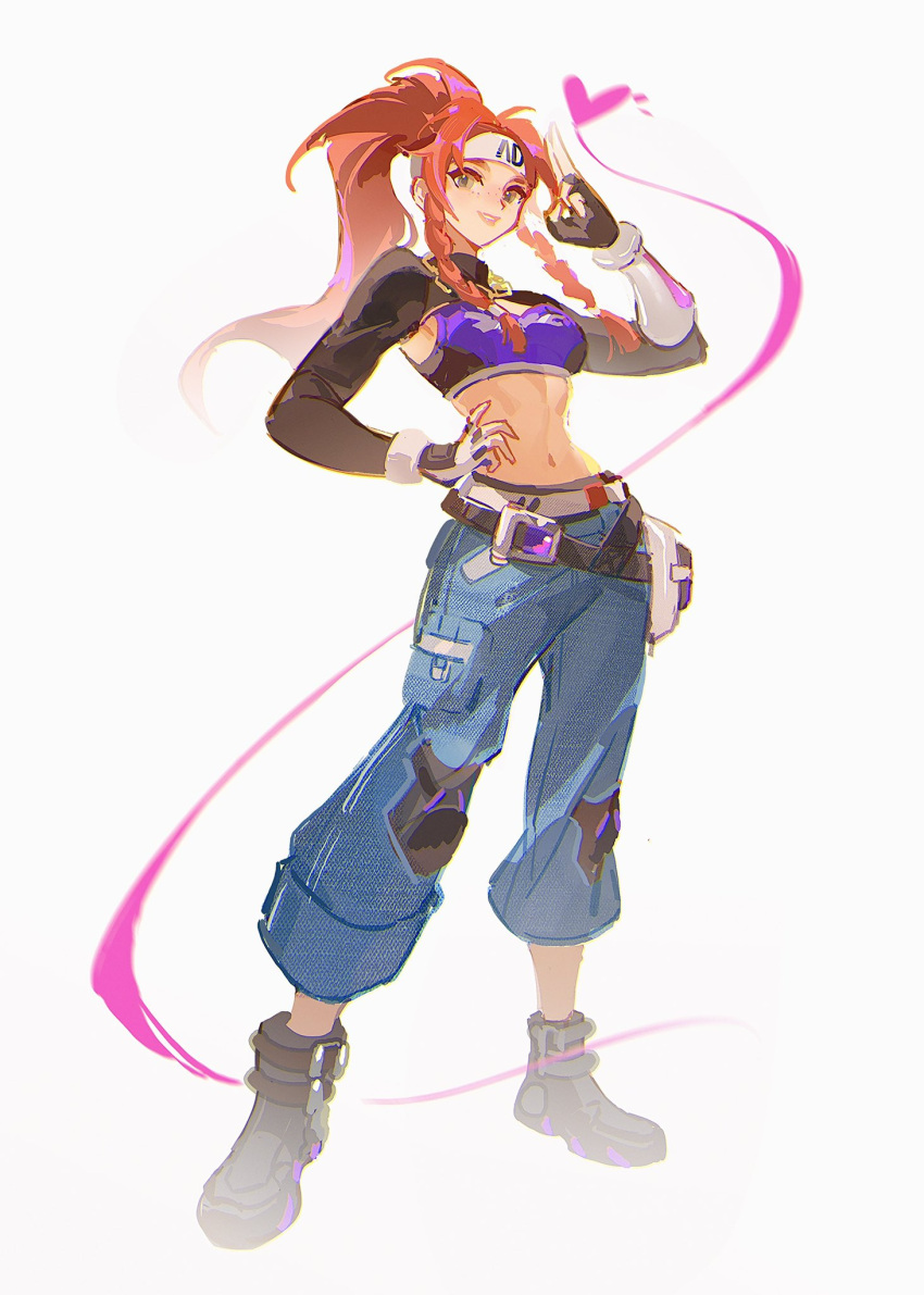 1girl abs baggy_pants belt black_belt black_footwear black_sleeves boots braid breasts brigitte_(overwatch) brown_eyes brown_hair chain crop_top denim fingerless_gloves freckles full_body gloves gold_chain hand_on_own_hip headband heart high_ponytail highres jeans jewelry le_sserafim lips long_hair looking_at_viewer medium_breasts midriff navel necklace overwatch overwatch_2 pants ponytail purple_sports_bra road_233 salute simple_background smile solo sports_bra standing teeth twintails two-finger_salute white_background