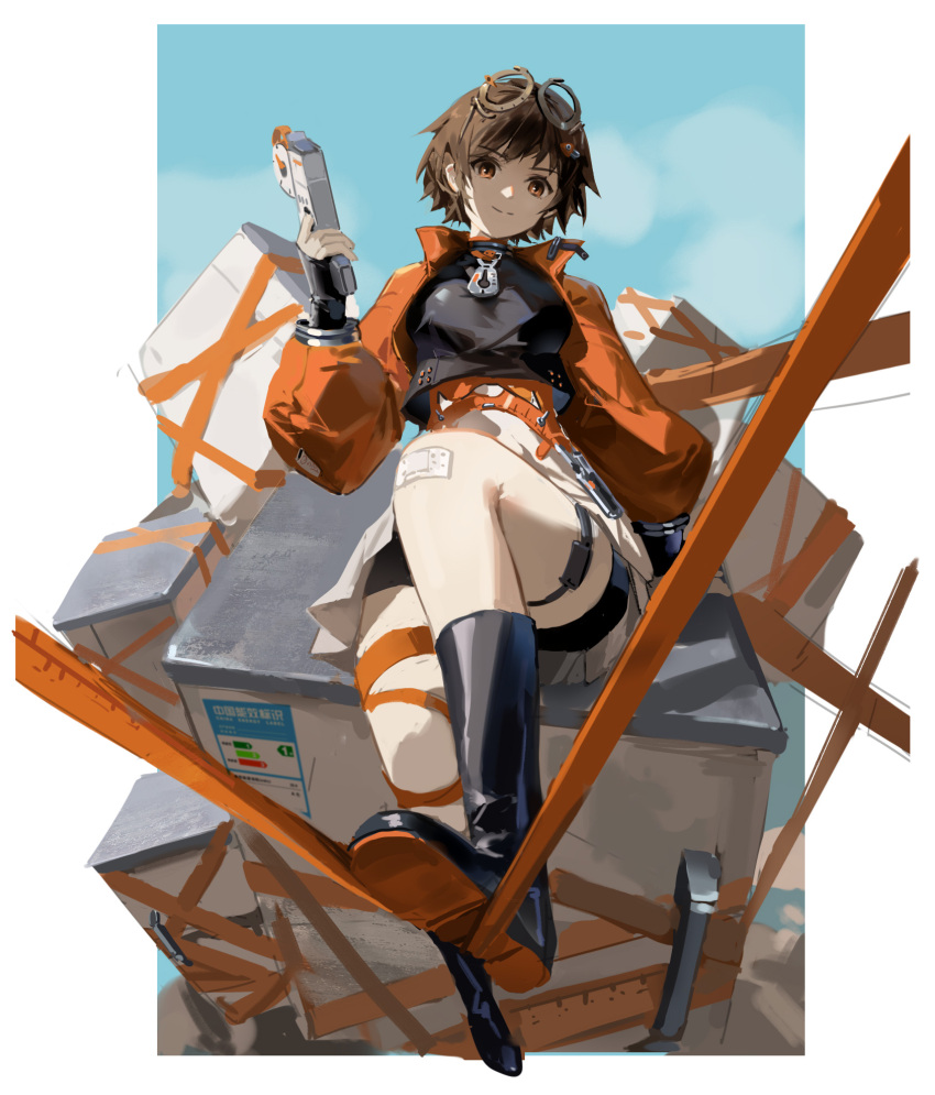 1girl arm_support bandaid black_footwear black_shirt border brown_eyes brown_hair chinese_text cloud cloudy_sky copyright_request feet finger_on_trigger foot_focus full_body goggles goggles_on_head gun highres holding holding_gun holding_weapon jacket light_smile meinoss open_clothes open_jacket orange_jacket outdoors outside_border refrigerator shirt short_hair sitting sky solo sticker thigh_strap weapon white_border