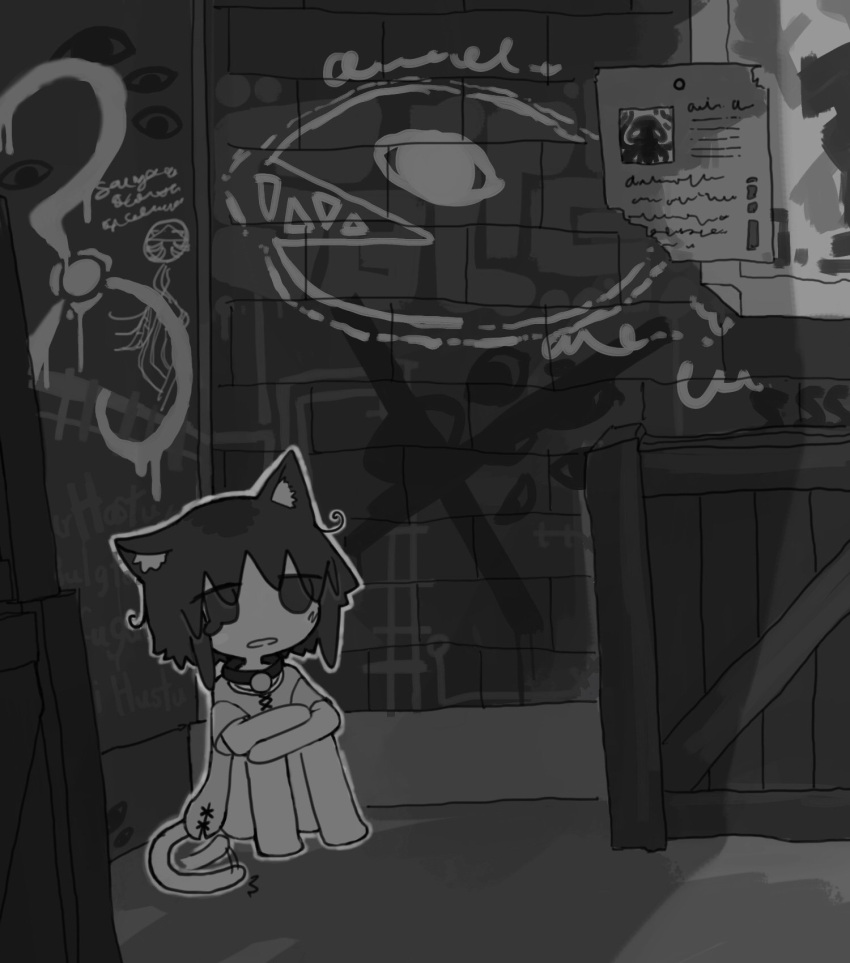 1girl alley animal_ears barefoot cat_ears cat_girl cat_tail graffiti greyscale highres hugging_own_legs knees_up monochrome no_pants open_mouth original outdoors outline poster_(object) shirt short_hair short_sleeves sidelocks sitting solo tail tail_slapping tail_wagging tearing_up torosakana wide_shot wooden_box