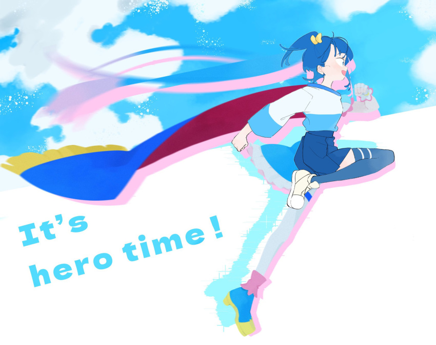 1girl 35kawaiiprpr blue_camisole blue_eyes blue_footwear blue_hair blue_shirt blue_skirt blue_sky blue_thighhighs boots camisole cape cloud cloudy_sky commentary cure_sky english_commentary english_text fringe_trim from_side hair_ribbon highres hirogaru_sky!_precure jumping leg_up long_sleeves looking_to_the_side medium_hair miniskirt open_mouth pleated_skirt precure red_cape ribbon shirt shoes side_ponytail silhouette skirt sky smile solo sora_harewataru thighhighs two-sided_cape two-sided_fabric white_footwear yellow_ribbon