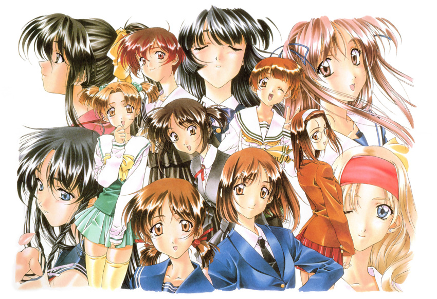 1990s_(style) 6+girls adachi_taeko ayasaki_wakana black_hair blazer blonde_hair braid brown_hair closed_eyes endou_akira everyone green_skirt hair_bobbles hair_ornament hairband hosaka_miyuki hoshino_asuka jacket kai_tomohisa long_hair long_sleeves looking_at_viewer matsuoka_chie medium_hair miniskirt morii_kaho multiple_girls nagakura_emiru nanase_yuu non-web_source official_art one_eye_closed open_mouth parted_lips pink_hair pleated_skirt red_hair red_skirt retro_artstyle round_eyewear sawatari_honoka school_uniform semi-rimless_eyewear sentimental_graffiti serafuku short_hair skirt smile sugihara_manami thighhighs twintails v yamamoto_rurika yellow_thighhighs zettai_ryouiki