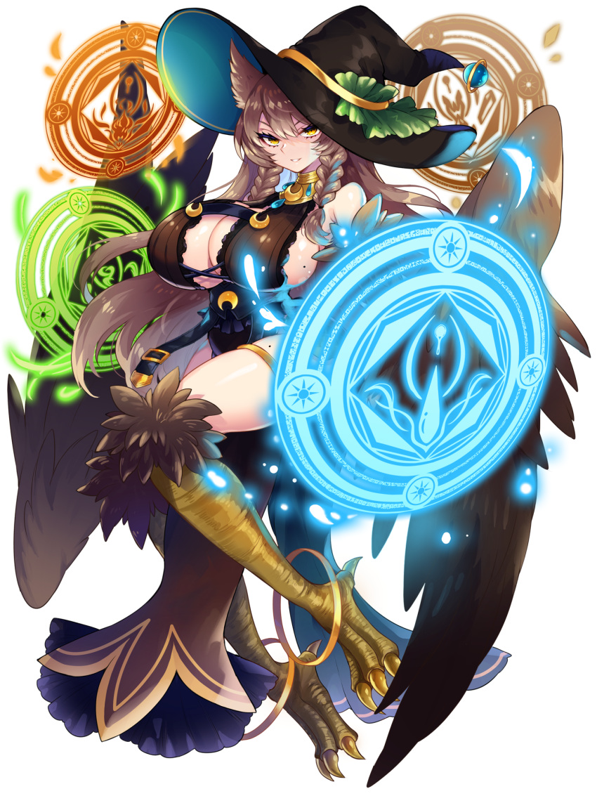 1girl aura_venefika bird_legs black_headwear braid breasts brown_hair brown_wings cleavage dairoku_ryouhei feathered_wings full_body hair_wings harpy hat highres huge_breasts koumu56 long_hair looking_at_viewer magic magic_circle mole mole_on_breast monster_girl sideboob smile solo thigh_strap transparent_background twin_braids very_long_hair winged_arms wings witch_hat yellow_eyes