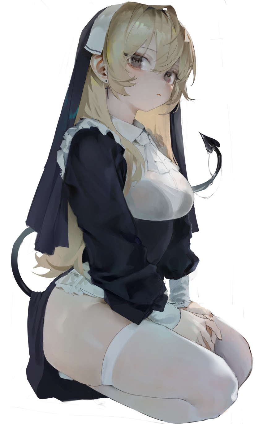 1girl absurdres blonde_hair breasts coif commentary_request cross cross_earrings demon_girl demon_tail earrings grey_eyes habit hair_between_eyes highres jewelry korean_commentary long_hair long_sleeves looking_at_viewer medium_breasts nun original parted_lips puffy_long_sleeves puffy_sleeves seiza simple_background sitting solo tail thighhighs thighs white_background white_thighhighs yonchan