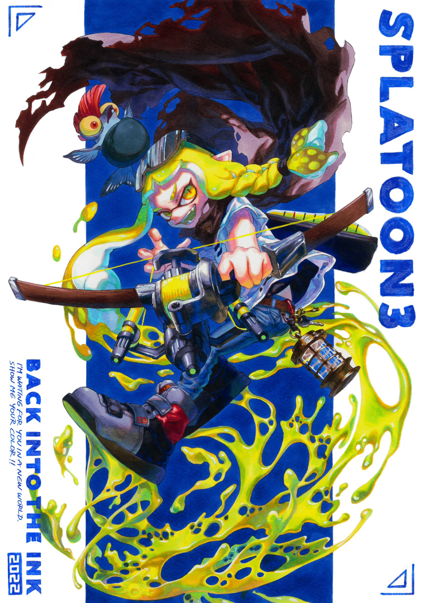 1girl absurdres agent_3_(splatoon_3) aiming aiming_at_viewer asymmetrical_hair blonde_hair bokoji braid cape copyright_name denim domino_mask english_text eyewear_on_head fangs floating_hair full_body highres holding holding_weapon hood hood_down hooded_cape inkling inkling_girl jeans key keychain long_braid long_hair looking_at_another looking_at_viewer low-tied_long_hair mask open_mouth paint pants pointy_ears red_eyes salmonid shirt shoes short_sleeves side_braid slit_pupils smallfry_(splatoon) smile splatoon_(series) splatoon_3 sunglasses tentacle_hair tri-stringer_(splatoon) v-shaped_eyebrows very_long_hair weapon yellow_eyes