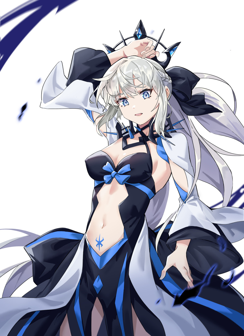 1girl absurdres black_bow black_dress blue_bow blue_eyes bow braid center_opening clothing_cutout crown dress fate/grand_order fate_(series) grey_hair hair_bow highres long_hair morgan_le_fay_(fate) mxz_cube open_mouth ponytail simple_background solo spikes stomach_cutout white_background white_sleeves