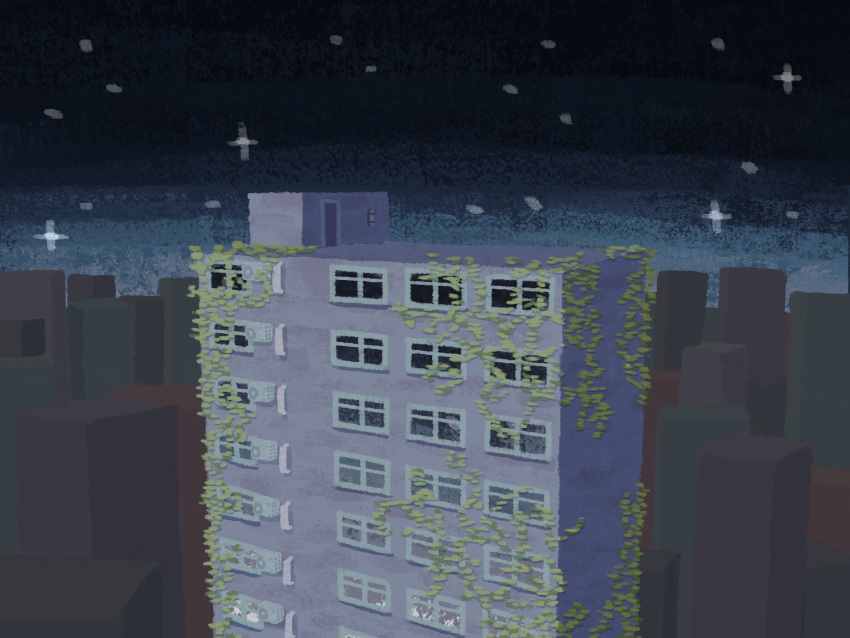 a.i._voice air_conditioner apartment building cityscape commentary highres night no_humans outdoors overgrown plant scenery sky star_(sky) starry_sky utau vines wide_shot window yasashii_gomibako