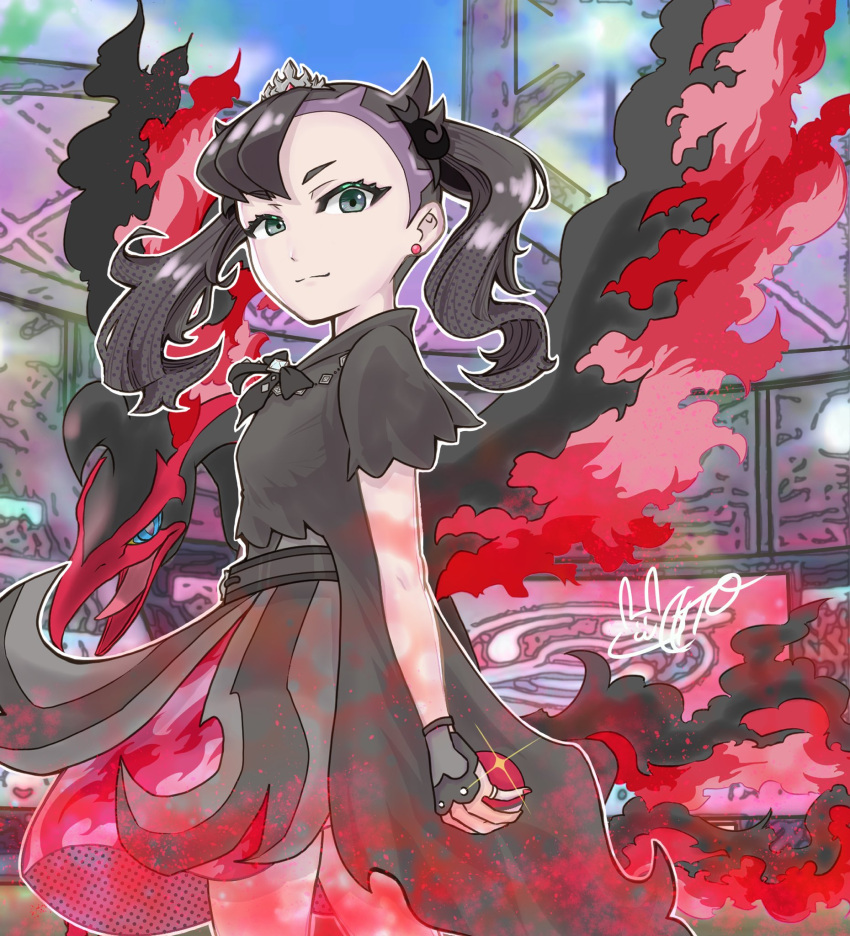 1girl asymmetrical_bangs belt bird black_belt black_hair earrings fingerless_gloves galarian_moltres gloves green_eyes highres holding holding_poke_ball jewelry marnie_(champion)_(pokemon) marnie_(pokemon) medium_hair nanawodayo official_alternate_costume poke_ball pokemon pokemon_(game) pokemon_masters_ex red_nails ring tiara twintails