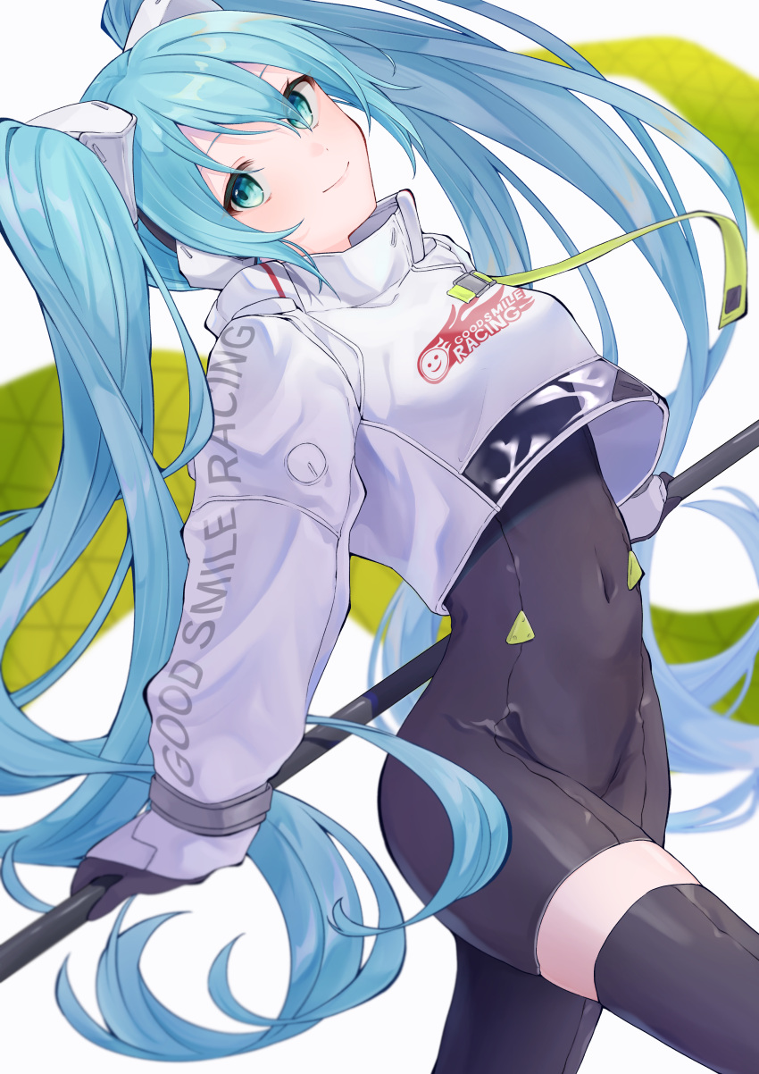 1girl absurdres aqua_eyes asymmetrical_bodysuit black_bodysuit black_gloves blue_hair bodysuit boots closed_mouth commentary_request covered_navel cowboy_shot cropped_jacket flag flagpole flame_print gloves green_flag hatsune_miku highres holding holding_flag holding_pole jacket long_sleeves looking_at_viewer pole race_queen racing_miku racing_miku_(2022) sano_(sanonomo) simple_background single_leg_bodysuit single_thigh_boot single_thighhigh smile smiley_face solo standing text_print thigh_boots thighhighs twintails vocaloid white_background white_jacket