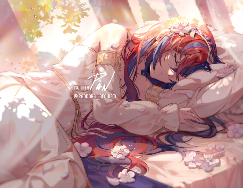 1girl alear_(female)_(fire_emblem) alear_(fire_emblem) blue_hair braid closed_eyes commission crossed_bangs crown_braid fire_emblem fire_emblem_engage flower highres long_hair lying multicolored_hair on_side pan_(pandora_requiem) pillow puffy_sleeves red_eyes red_hair sleeping solo split-color_hair tiara two-tone_hair very_long_hair white_flower