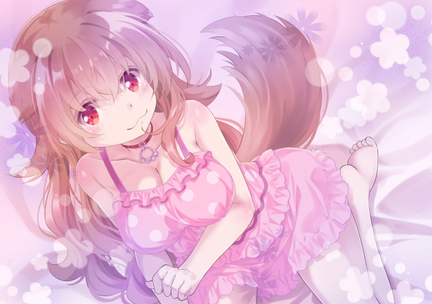 1girl 54hao :3 animal_ears bare_arms bare_legs bare_shoulders barefoot bed_sheet breasts brown_hair camisole cleavage closed_mouth commentary dog_ears dog_girl dog_tail frilled_skirt frills hair_between_eyes highres hololive inugami_korone large_breasts long_hair looking_at_viewer pink_camisole pink_skirt polka_dot polka_dot_camisole red_eyes skirt smile solo tail very_long_hair virtual_youtuber