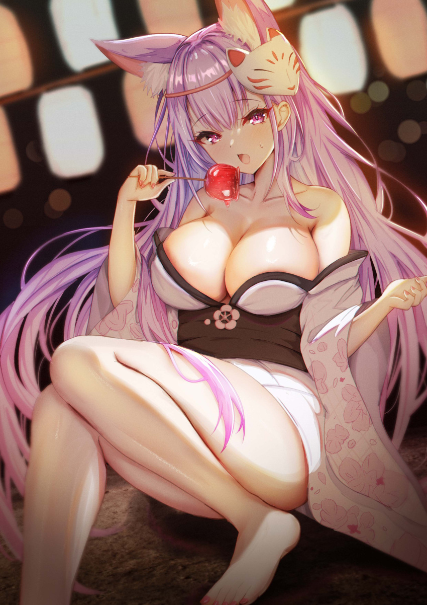 1girl absurdres animal_ear_fluff animal_ears bare_shoulders breasts candy_apple cleavage convenient_censoring floral_print food fox_ears fox_girl fox_mask highres holding holding_food indie_virtual_youtuber japanese_clothes kamishiro_natsume kimono large_breasts light_purple_hair long_hair looking_at_viewer mask mask_on_head mito_soosu obi off_shoulder print_kimono purple_eyes purple_nails sash solo virtual_youtuber yukata