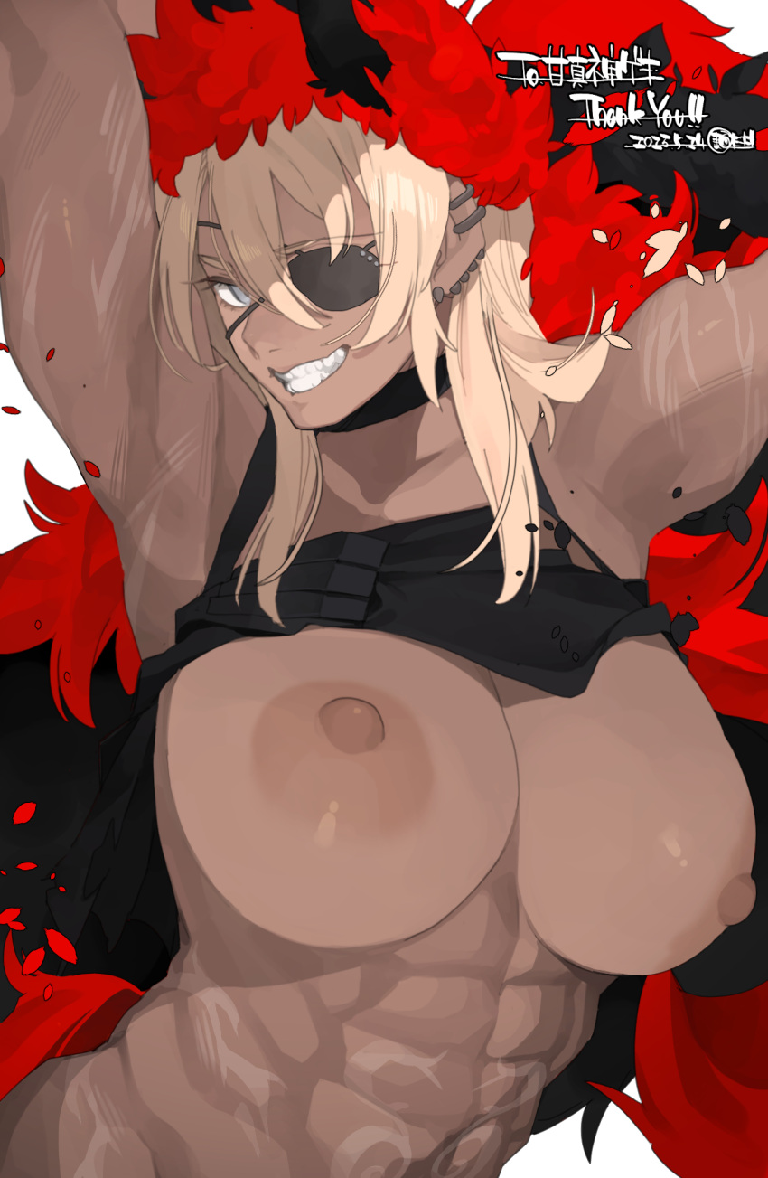 1girl abs armpits arms_up blonde_hair blue_eyes breasts choker commission dark-skinned_female dark_nipples dark_skin ear_piercing eyepatch grin hair_between_eyes highres huge_breasts indie_virtual_youtuber long_hair makingtawawa muscular muscular_female nipples piercing scar skeb_commission smile solo teeth thank_you tsurime virtual_youtuber