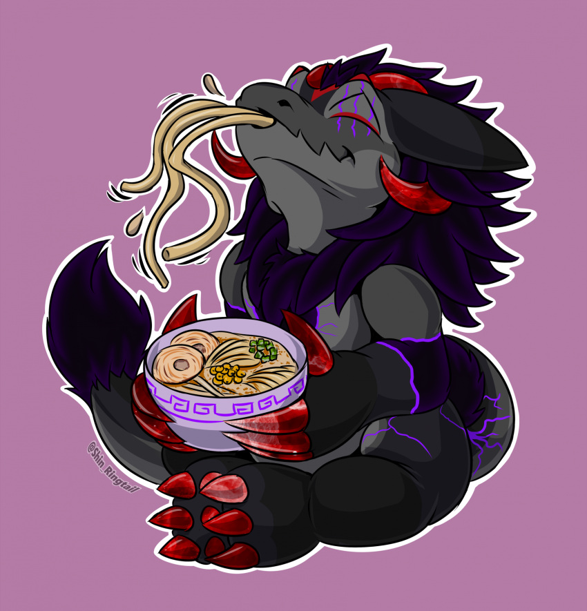 2023 3_toes anthro black_hair bowl chibi claws container dragon eating eyes_closed feet food grey_body hair hi_res holding_bowl holding_container holding_object long_tail male noodles pink_background ramen ramen_bowl ramen_noodles red_claws shinfox simple_background slurping snout solo tail toe_claws toes