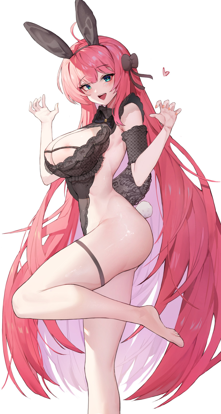 1girl absurdres ahoge animal_ears areola_slip bad_feet bare_legs bare_shoulders barefoot black_hairband blue_eyes breasts cleavage detached_sleeves fake_animal_ears foot_out_of_frame hairband hands_up highres josal lace_trim large_breasts leg_up legs long_hair looking_at_viewer open_mouth original pink_hair rabbit_ears revealing_clothes sideless_outfit simple_background smile solo standing standing_on_one_leg thigh_strap thighs very_long_hair white_background