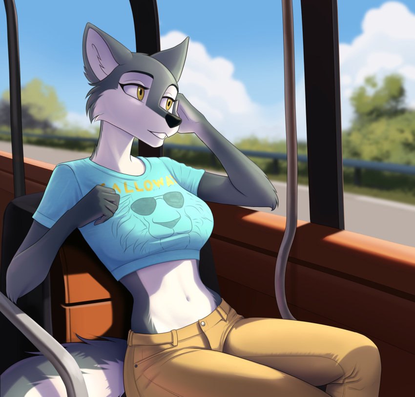 2023 anthro breasts canid canine canis clothed clothing crop_top curvy_figure female fur grey_body grey_fur hi_res hourglass_figure illumination_entertainment mammal midriff multicolored_body multicolored_fur navel porsha_crystal public_transportation rusa shirt sing_(movie) sitting smile solo topwear two_tone_body two_tone_fur white_body white_fur wolf yellow_eyes