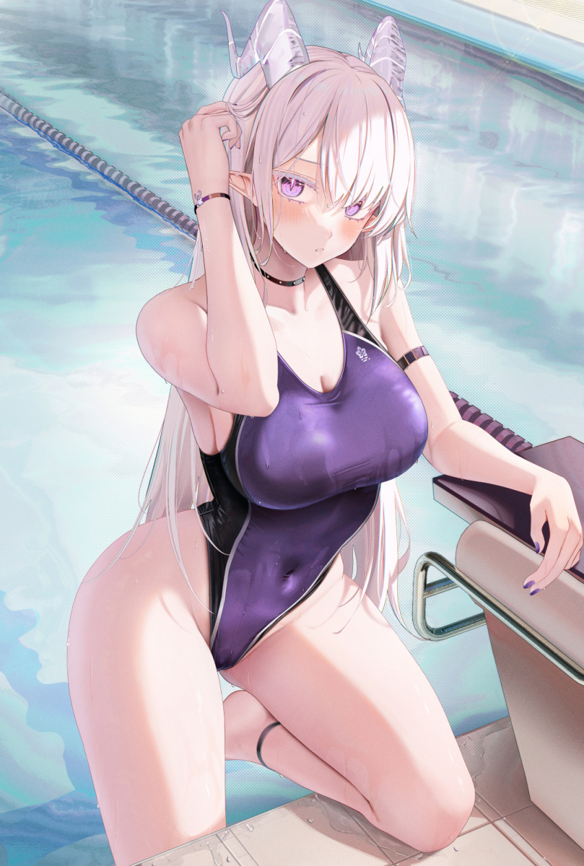1girl adjusting_hair ankle_strap arm_rest arm_strap bare_shoulders barefoot black_choker black_one-piece_swimsuit blush breasts cameltoe choker cleavage collarbone colored_eyelashes commentary competition_swimsuit covered_navel curled_horns dithering drain_(object) grey_hair groin hair_between_eyes hand_up highleg highleg_swimsuit highres horns lane_line large_breasts lens_flare long_hair looking_at_viewer multicolored_clothes multicolored_swimsuit nail_polish on_one_knee one-piece_swimsuit original parted_lips pointy_ears pool poolside purple_eyes purple_nails purple_one-piece_swimsuit raised_eyebrows revision ru_zhai sideboob sidelocks slit_pupils solo starting_block straight_hair striped_horns studded_choker swimsuit taut_clothes thighs tile_floor tiles two-tone_swimsuit very_long_hair wading water wet wet_clothes wet_hair wet_swimsuit white_horns wide_hips wrist_straps