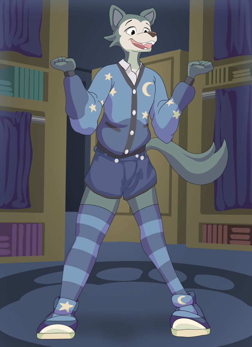 absurd_res anthro beastars bedroom canid canine canis clothed clothing footwear furniture hi_res legoshi_(beastars) long_tail male mammal multicolored_body open_mouth overalls psycheapple shoes simple_background smile solo sweater tail topwear wolf