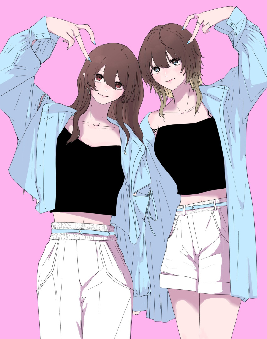 2girls aketa_mikoto alternate_costume black_shirt blue_jacket breasts brown_hair collarbone cropped_shirt fingernails gradient_hair highres idolmaster idolmaster_shiny_colors jacket jewelry light_brown_hair looking_up medium_breasts midriff multicolored_hair multiple_girls nail_polish navel osaki_tenka pants peach_jump pink_background ring shirt shorts simple_background sleeveless sleeveless_shirt white_pants white_shorts