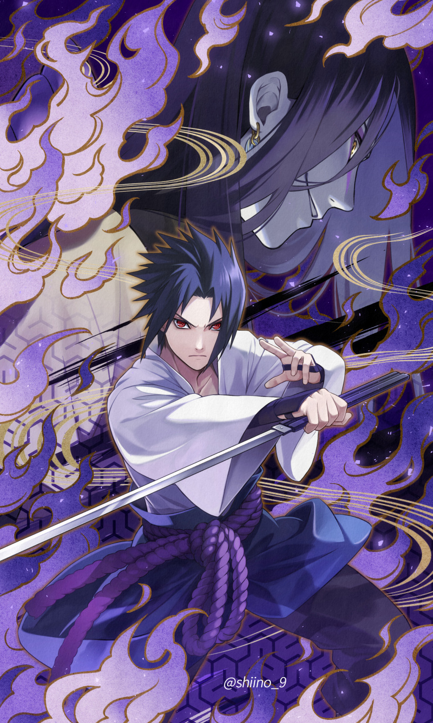 2boys absurdres artist_name black_hair black_pants blue_cape cape cowboy_shot fighting_stance fingernails fire highres holding holding_sword holding_weapon long_sleeves multiple_boys naruto naruto_(series) naruto_shippuuden orochimaru_(naruto) pants red_eyes rope sharingan shiino_9 short_hair sword uchiha_sasuke weapon wide_sleeves yellow_eyes