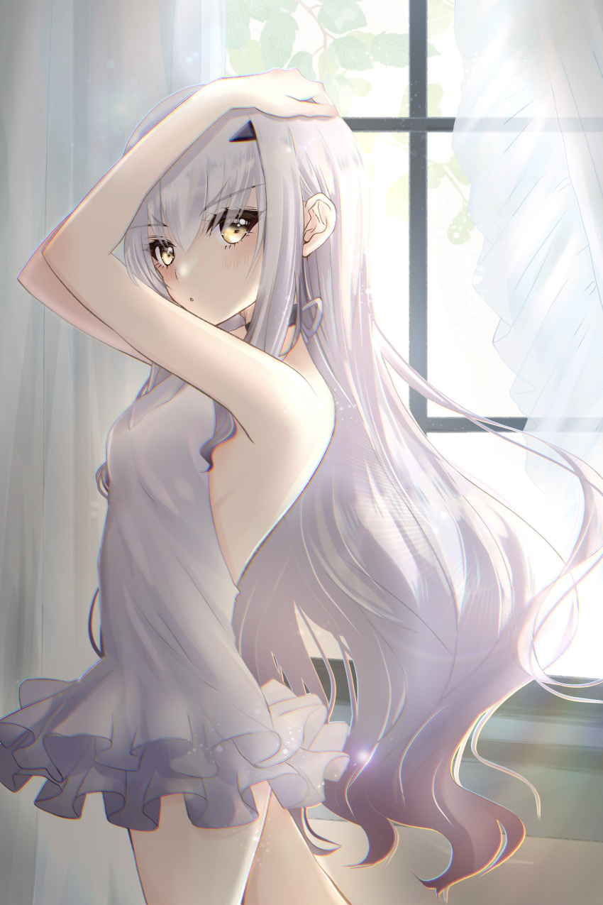 1girl absurdres arms_up backless_dress backless_outfit bare_shoulders blush breasts cowboy_shot curtains dress expressionless fate/grand_order fate_(series) forked_eyebrows hands_on_own_head highres indoors long_hair looking_at_viewer melusine_(fate) short_dress small_breasts solo sunlight very_long_hair white_dress white_hair window yamuimo yellow_eyes