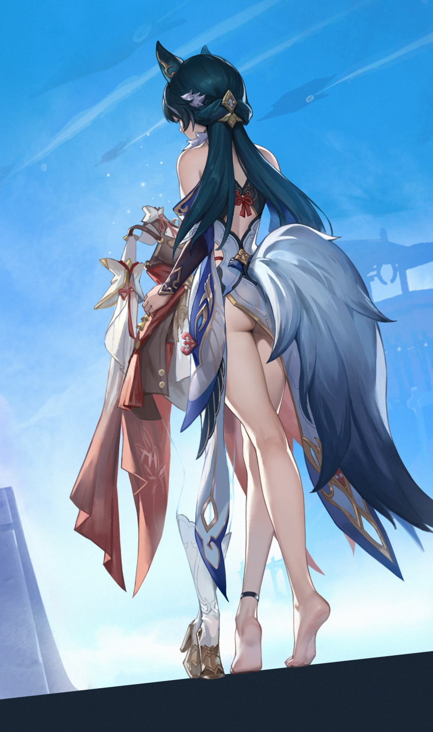 1girl absurdres animal_ear_fluff animal_ears ass bare_shoulders barefoot blue_sky china_dress chinese_clothes dark_green_hair dress feet fox_ears fox_girl fox_tail highres honkai:_star_rail honkai_(series) le_(huanglongen) legs long_hair shine sky soles tail tingyun_(honkai:_star_rail) tiptoes waist_cutout yukong_(honkai:_star_rail)