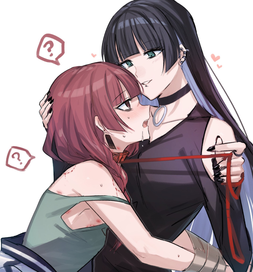 2girls ? aoki_shizumi bite_mark black_hair black_nails bocchi_the_rock! bound bound_wrists braid choker collar earrings femdom green_eyes hand_on_another's_head heart highres hiroi_kikuri jewelry leash light_blush lip_piercing long_hair looking_at_another multiple_girls nail_polish open_mouth pa-san piercing red_eyes red_hair simple_background smile spoken_question_mark tape very_long_hair white_background yuri