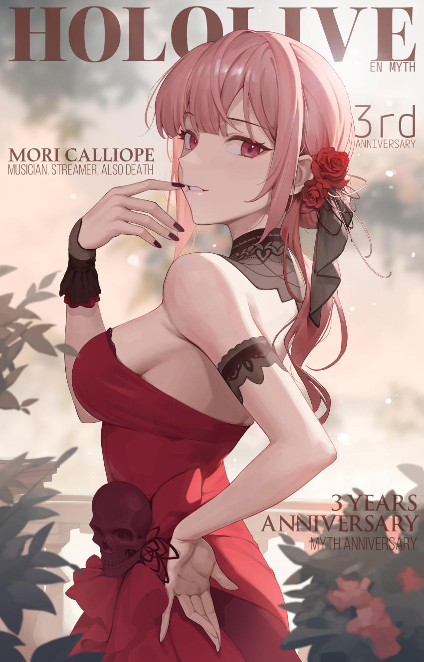 1girl absurdres breasts cover dress english_text finger_to_mouth flower gum_shrew hair_flower hair_ornament hand_on_own_hip highres hololive hololive_english looking_at_viewer magazine_cover mori_calliope mori_calliope_(3rd_costume) nail_polish pink_hair red_dress red_flower red_rose rose sideboob skull virtual_youtuber