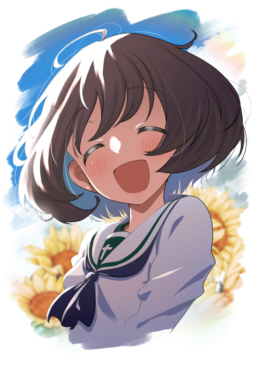 1girl absurdres ahoge akiyama_yukari brown_hair closed_eyes flower girls_und_panzer highres looking_at_viewer ooarai_school_uniform open_mouth school_uniform shiina_excel sky smile sunflower upper_body