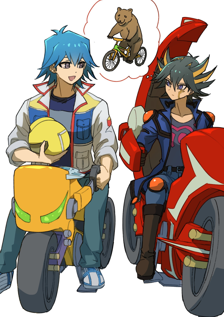 2boys absurdres animal bear belt bicycle black_hair blue_eyes blue_hair blue_jacket boots brown_footwear bruno_(yu-gi-oh!) commentary_request d-wheel denim expressionless facial_mark facial_tattoo fudou_yuusei grey_eyes helmet high_collar highres holding image_in_thought_bubble jacket jeans knee_pads looking_at_another male_focus marking_on_cheek motor_vehicle motorcycle motorcycle_helmet multicolored_hair multiple_boys open_clothes open_jacket open_mouth pants riding riding_bicycle shoes short_hair shoulder_pads simple_background sitting sleeves_rolled_up smile sneakers spiked_hair streaked_hair tattoo thought_bubble unworn_headwear unworn_helmet white_background white_footwear youko-shima yu-gi-oh! yu-gi-oh!_5d's
